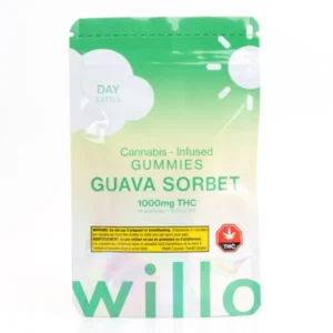 Brand: Willo Marijuana Gummies Potency: 1000mg Quantity: 10 Gummies in each bag X 100mg THC each Flavor: Guava Sorbet Active Terpene: Hemp Derived THC SATIVA
