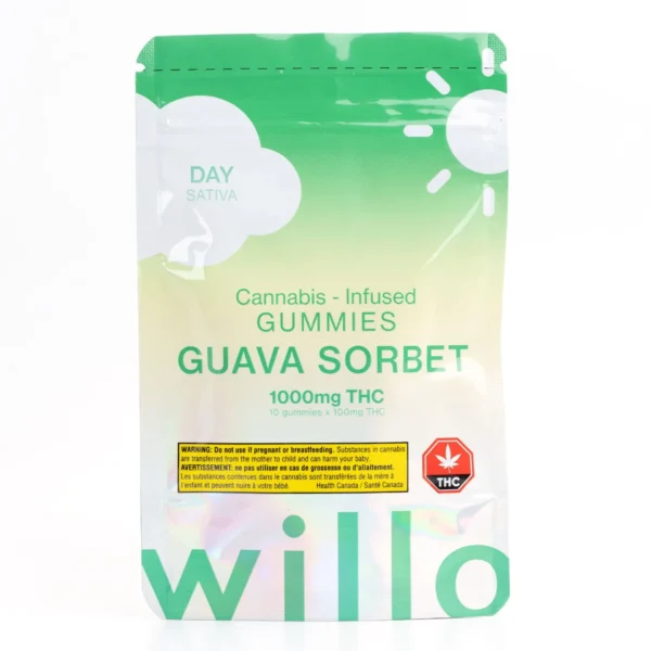 Willo Guava Sorbet 1000mg Cannabis Gummies Brand: Willo Marijuana Gummies Potency: 1000mg Quantity: 10 Gummies in each bag X 100mg THC each Flavor: Guava Sorbet Active Terpene: Hemp Derived THC SATIVA